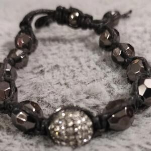 Hematite Bead Pave‎ Crystal Adjustable Cord Bracelet New Old Stock up to 10"